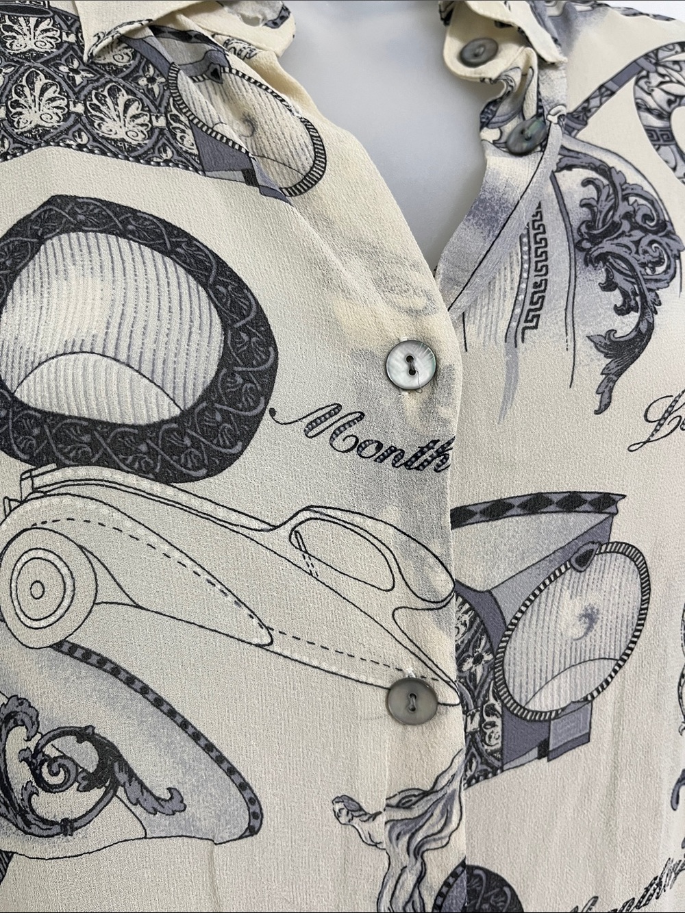 Women's Cream Silk Racing Patterned Button-Up Blouse - Picture 2 of 9